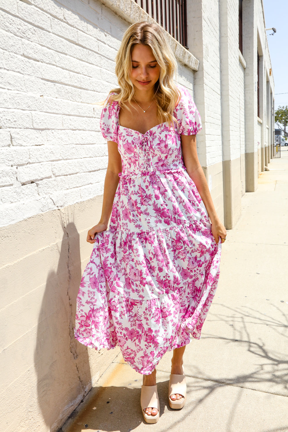 Feeling Femme Pink Sweetheart Neck Bustier Floral Tiered Dress