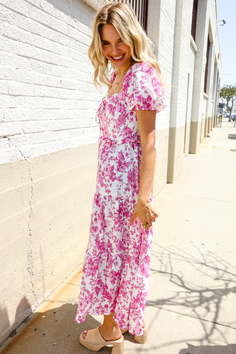 Feeling Femme Pink Sweetheart Neck Bustier Floral Tiered Dress
