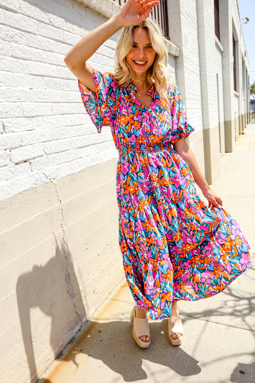Follow Me Fuchsia Floral Print Frill Notch Neck Bubble Sleeve Dress