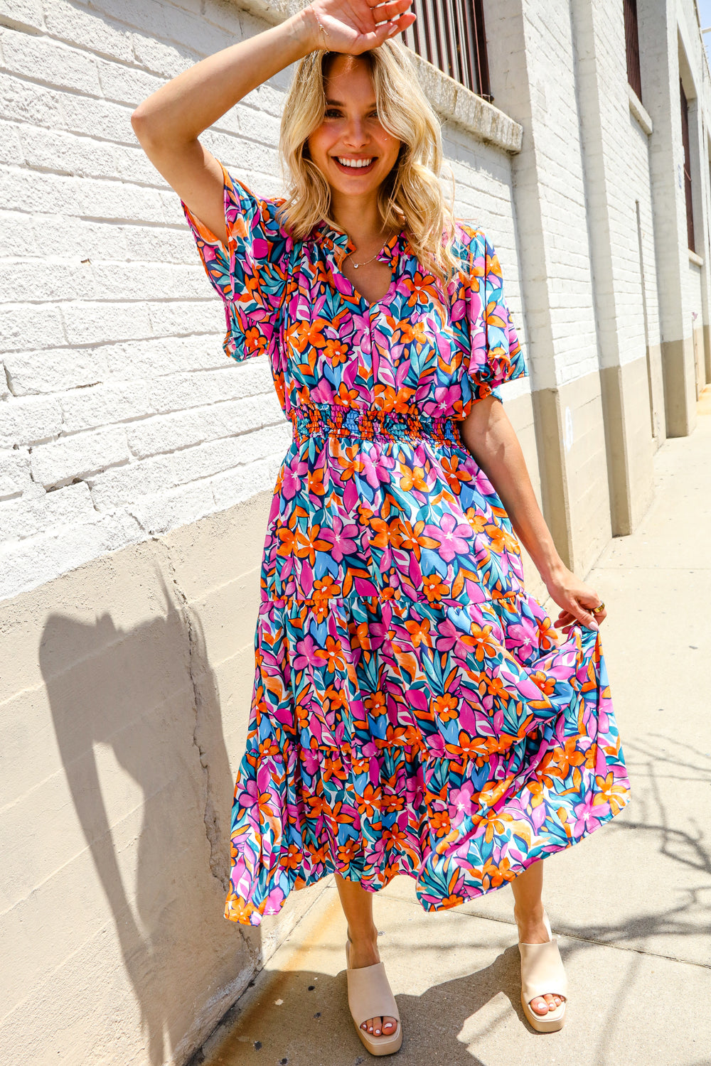 Follow Me Fuchsia Floral Print Frill Notch Neck Bubble Sleeve Dress