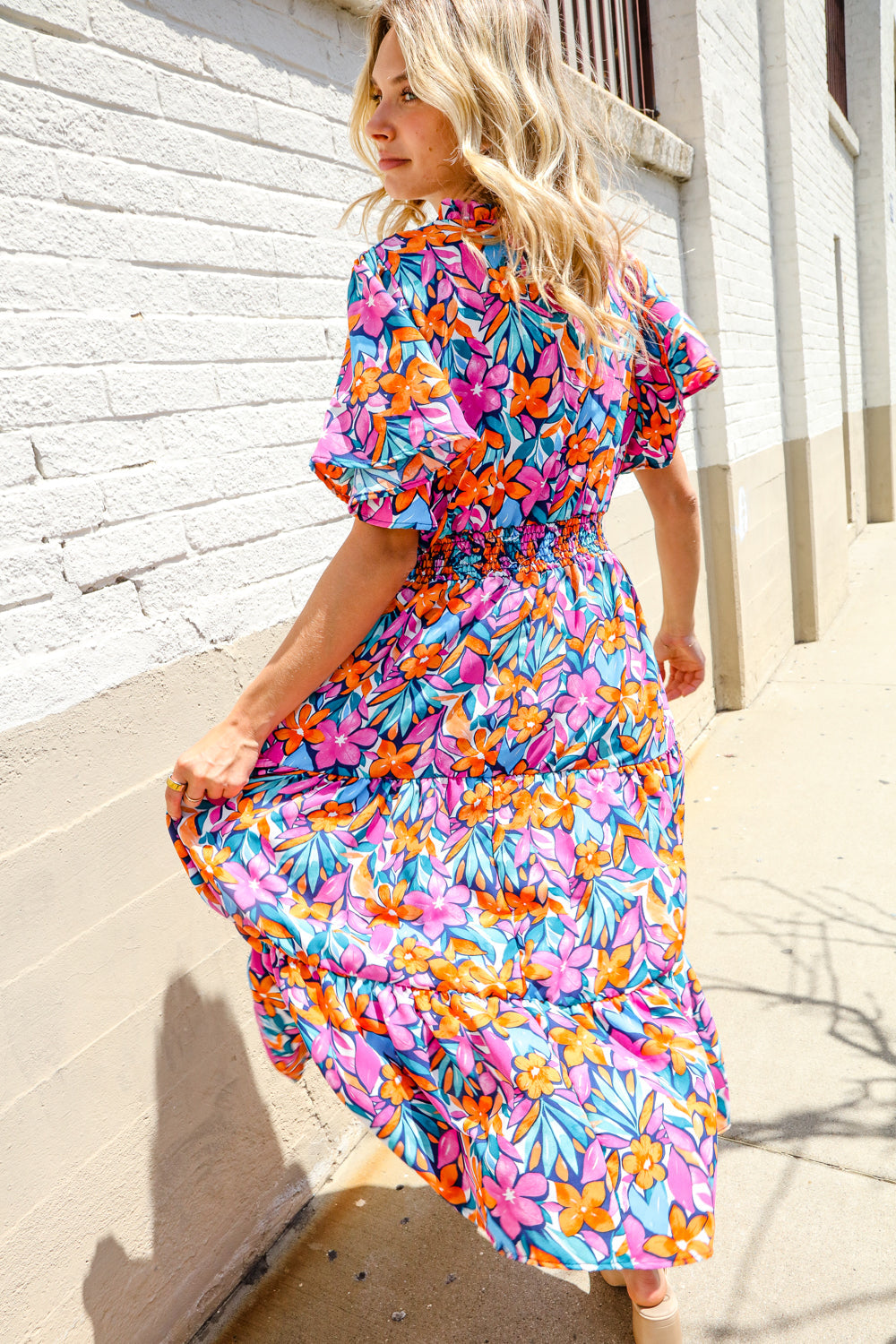 Follow Me Fuchsia Floral Print Frill Notch Neck Bubble Sleeve Dress