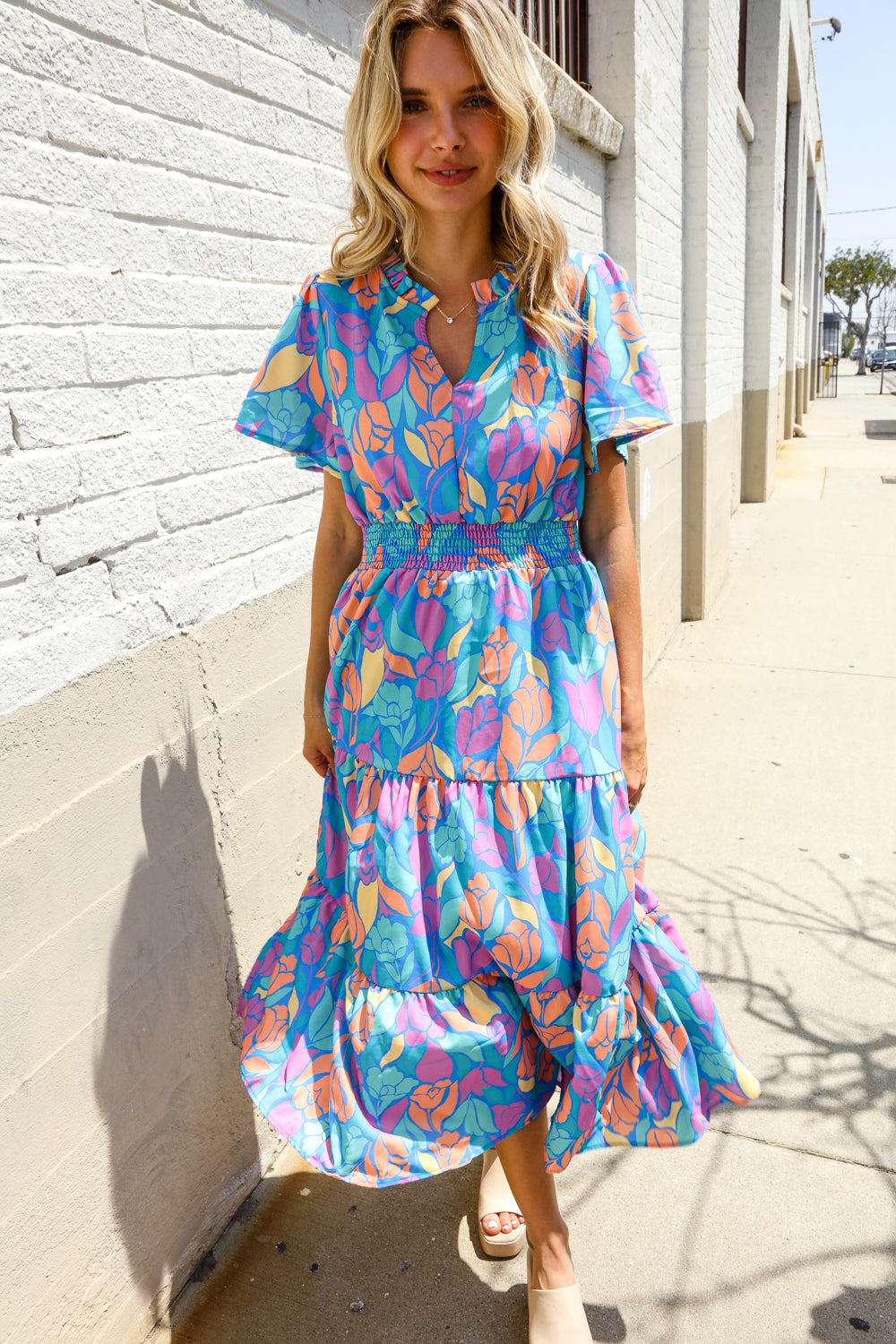 Can't Say No Blue Tropical Floral Frill Notch Neck Bubble Sleeve Dress
