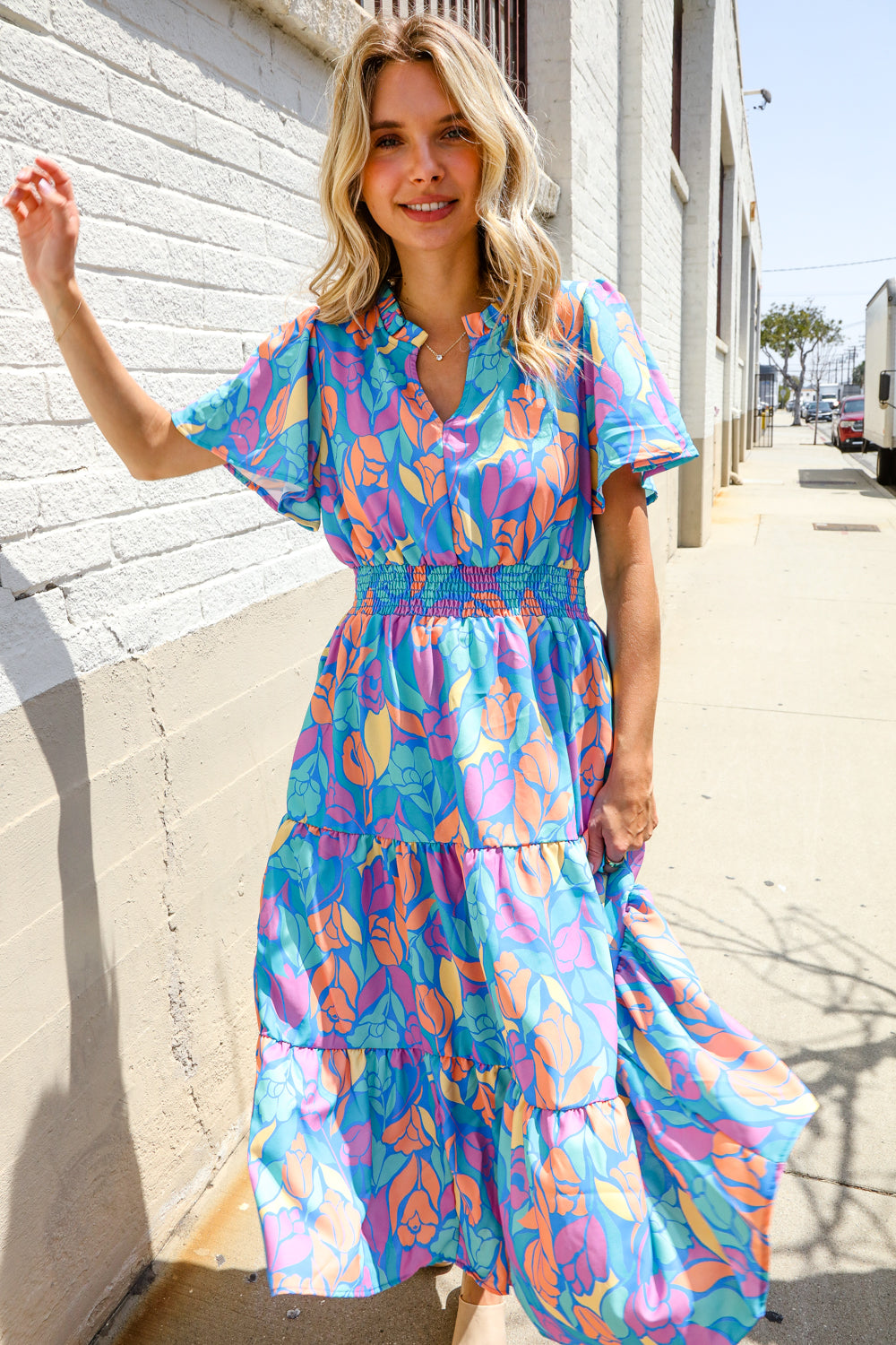 Can't Say No Blue Tropical Floral Frill Notch Neck Bubble Sleeve Dress