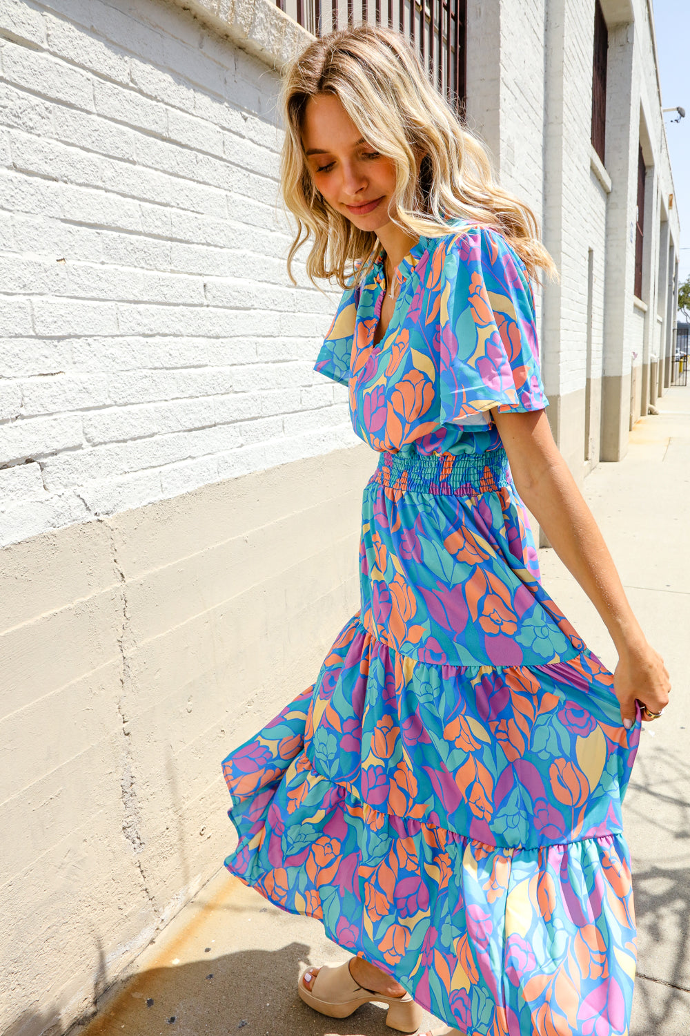 Can't Say No Blue Tropical Floral Frill Notch Neck Bubble Sleeve Dress