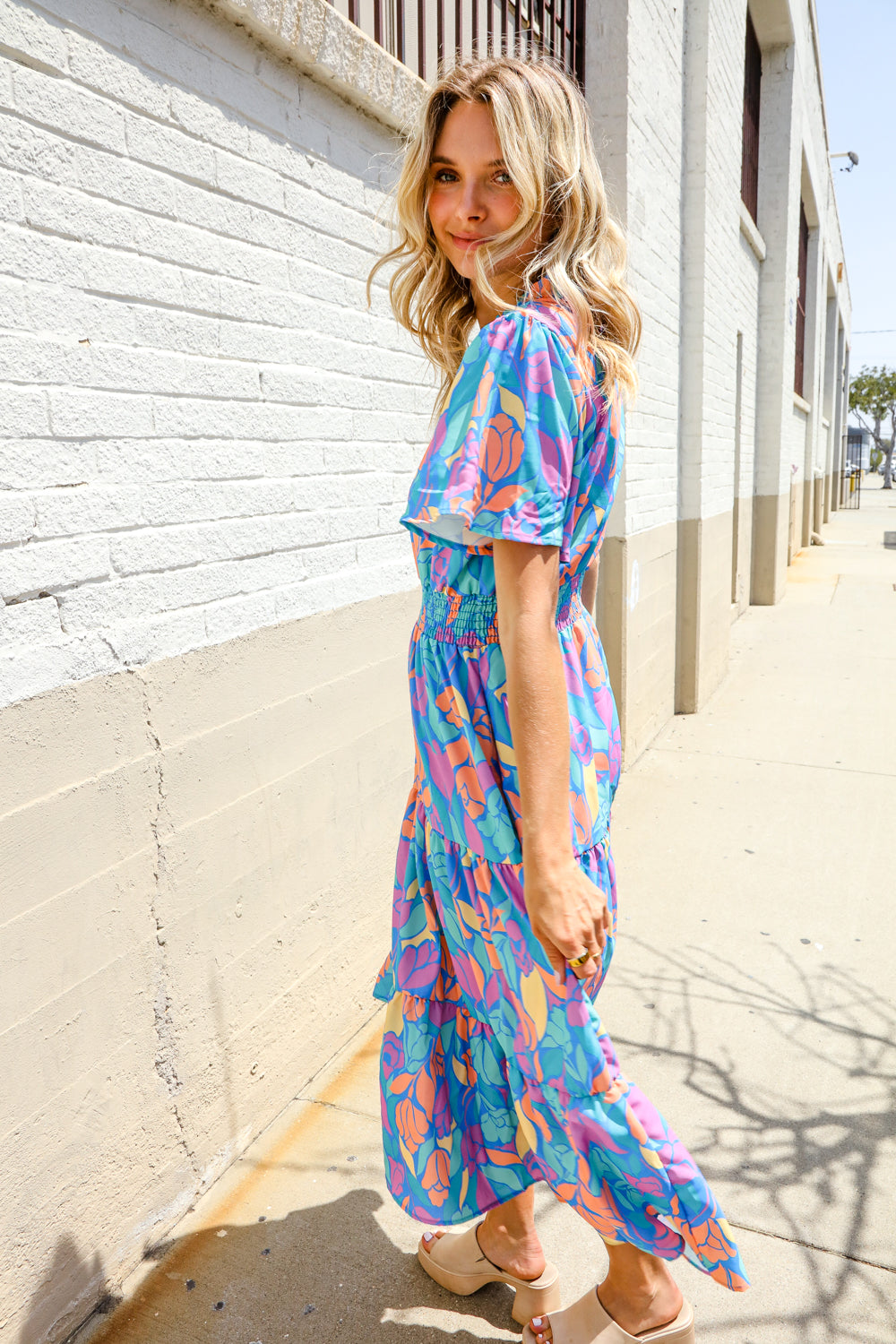 Can't Say No Blue Tropical Floral Frill Notch Neck Bubble Sleeve Dress
