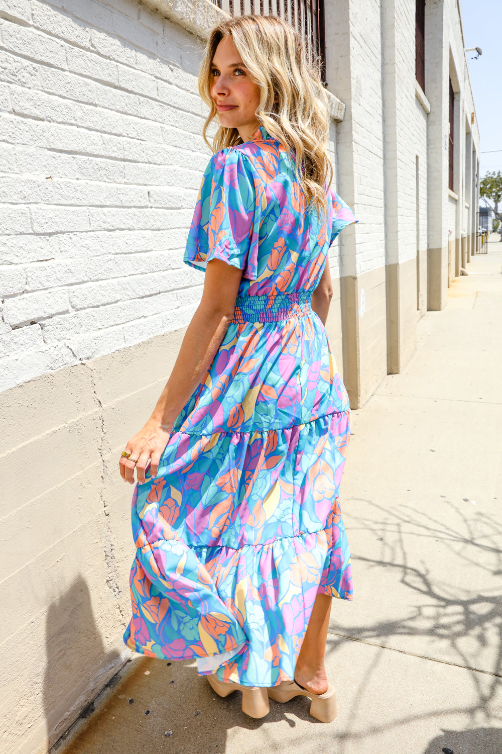 Can't Say No Blue Tropical Floral Frill Notch Neck Bubble Sleeve Dress