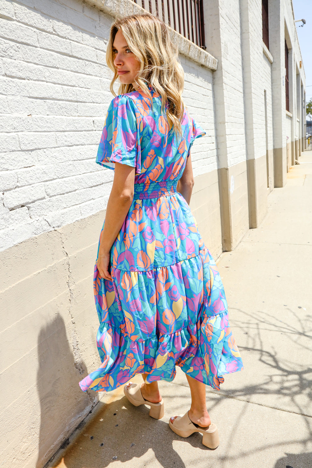 Can't Say No Blue Tropical Floral Frill Notch Neck Bubble Sleeve Dress