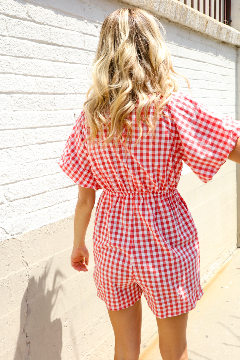 Festival Ready Cotton Red Checker Elastic V Neck Romper