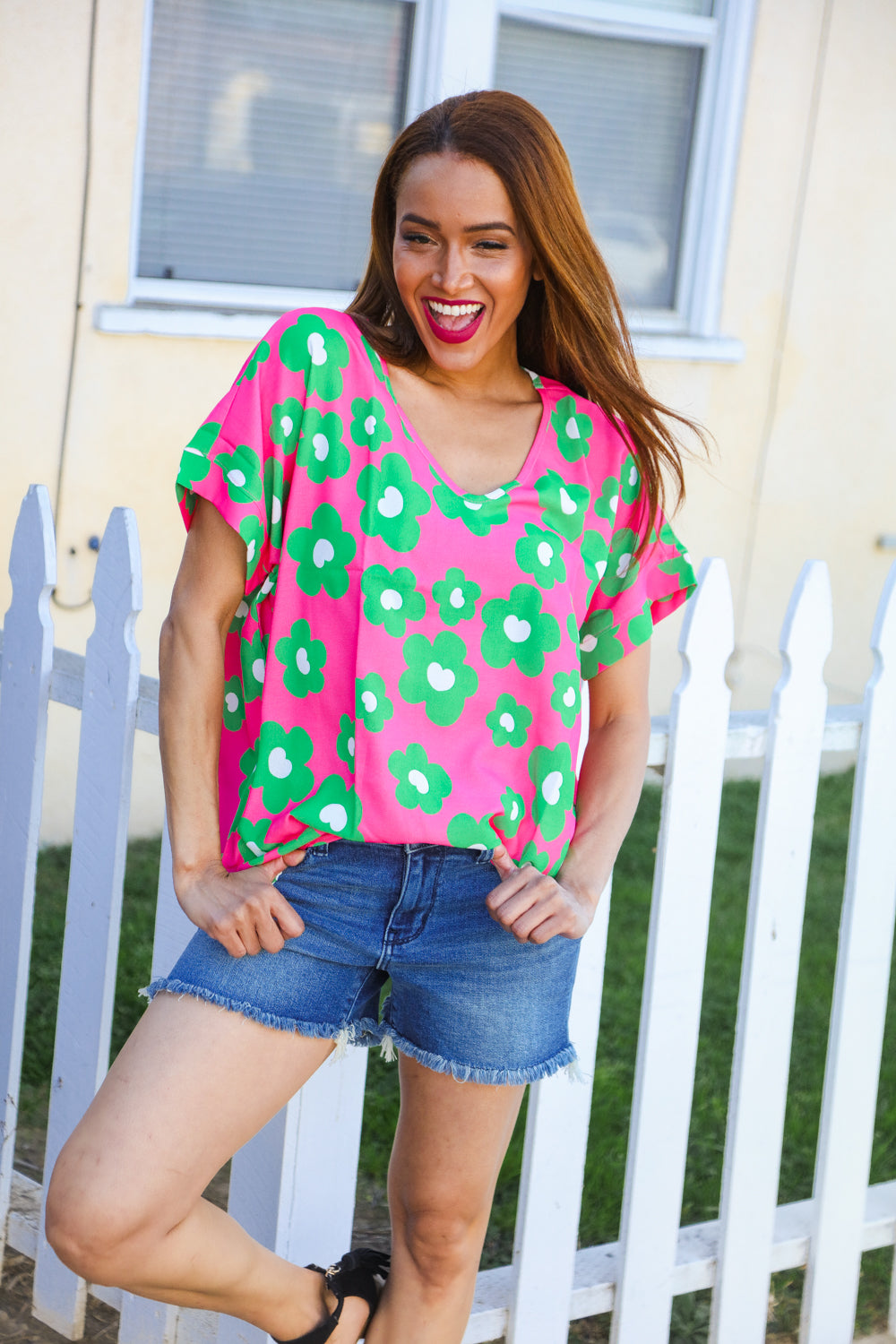 Spring Vibes Pink & Green Flower Print V Neck Short Sleeve Top