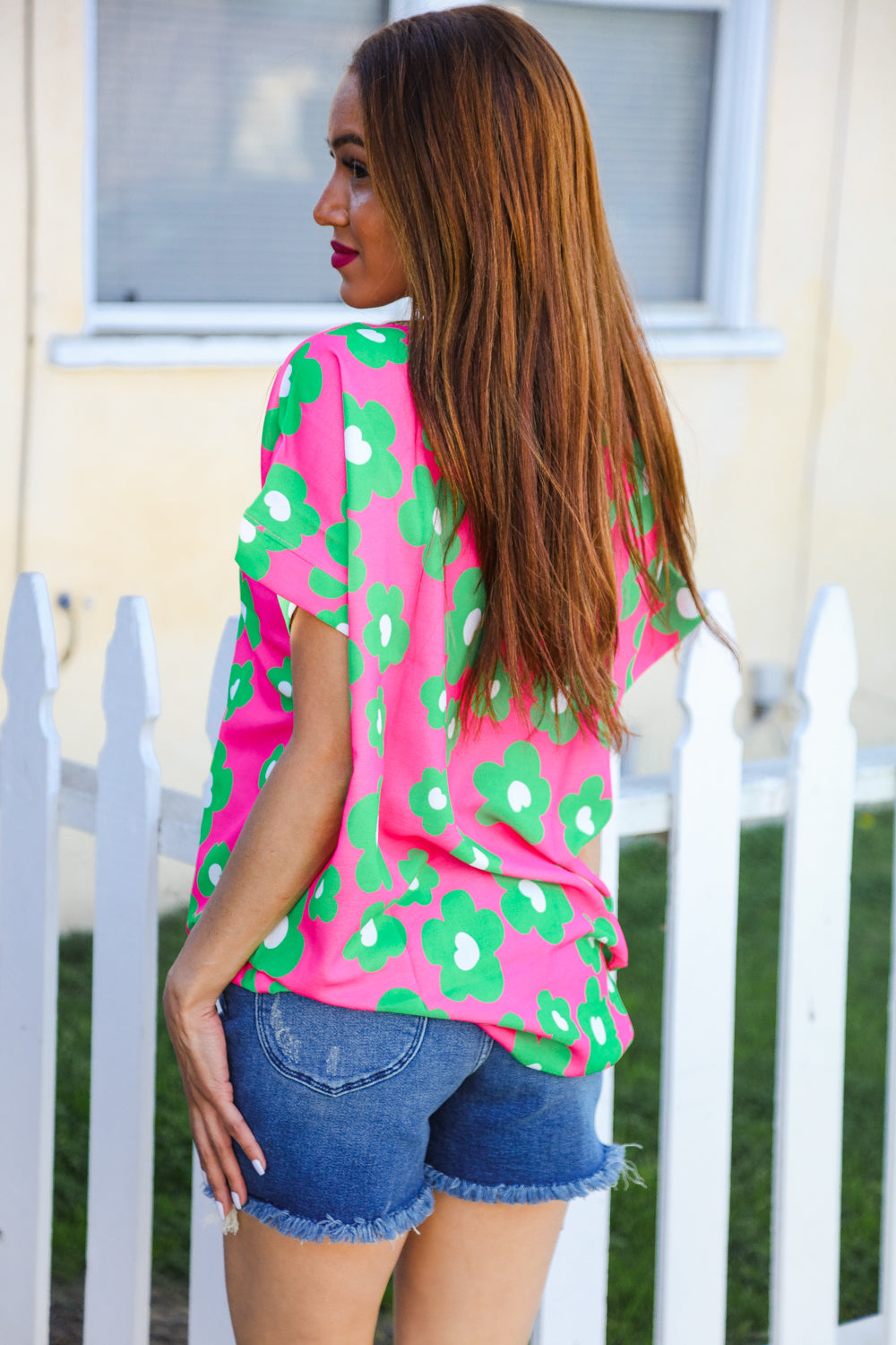 Spring Vibes Pink & Green Flower Print V Neck Short Sleeve Top