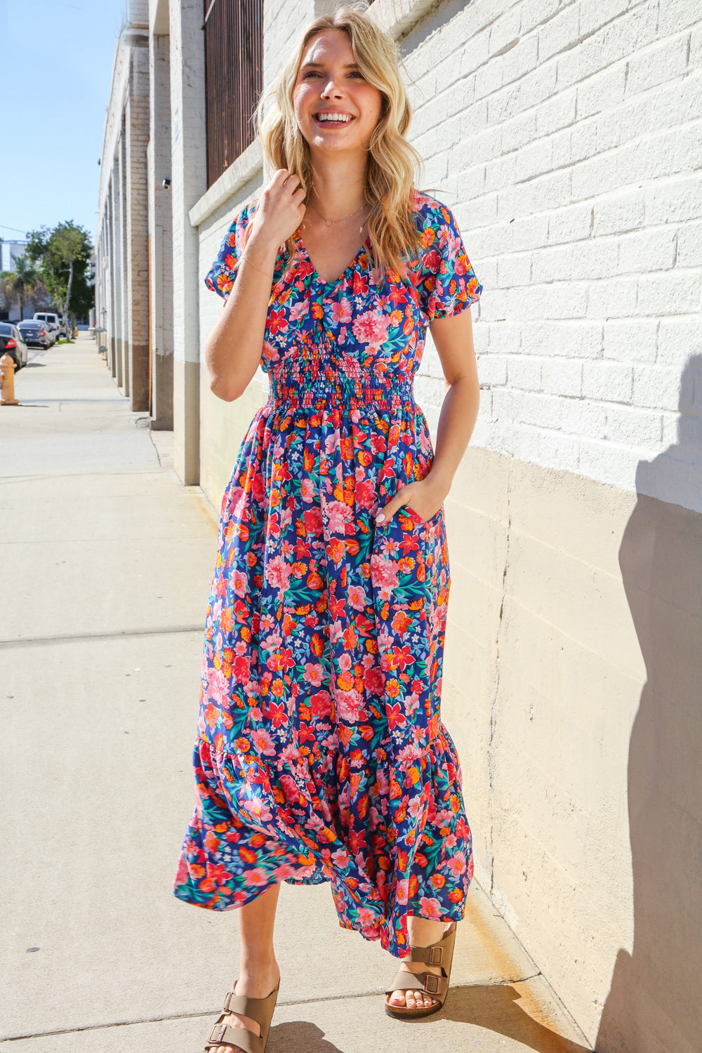 Find Love Blue Floral Raglan Puff Sleeves V Neck Smocked Waist Maxi