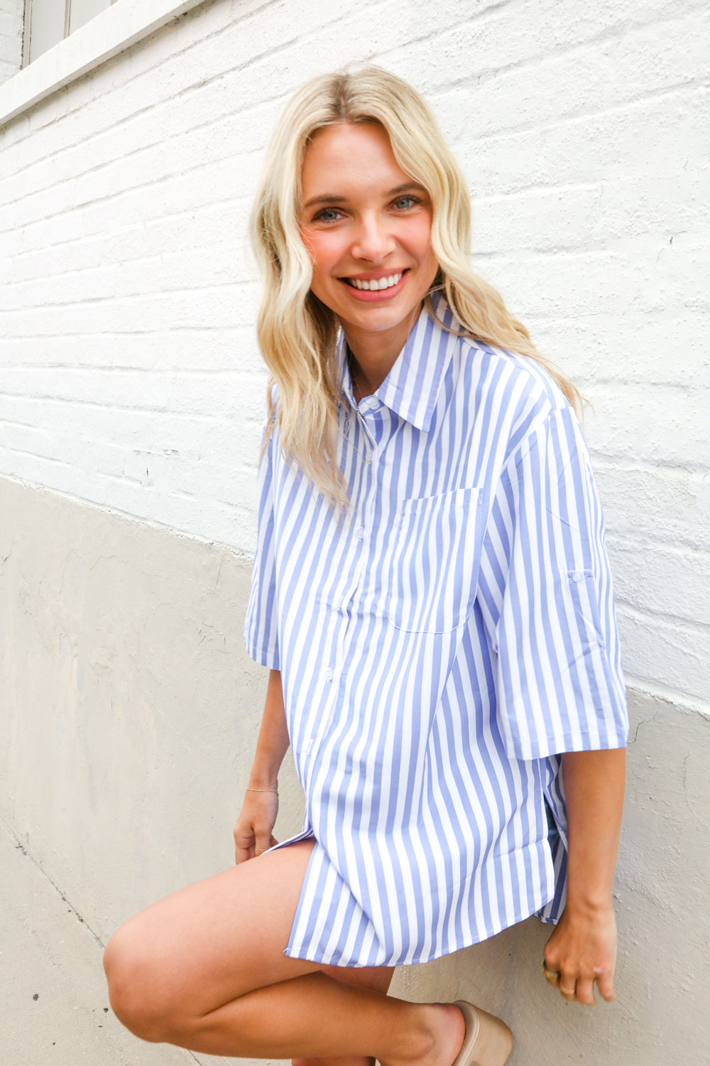 Put Together Blue & White Stripe Button-Down Hi-Lo Top