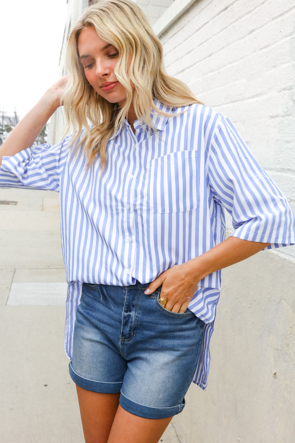 Put Together Blue & White Stripe Button-Down Hi-Lo Top