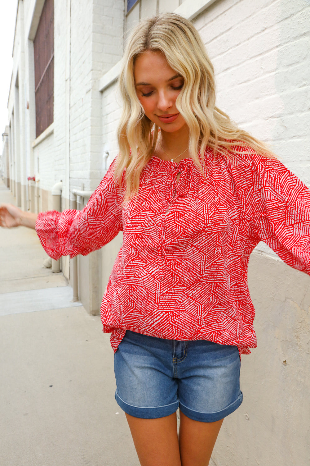 Diva Dreams Red Abstract Print Double Ruffle Sleeve Tie Blouse