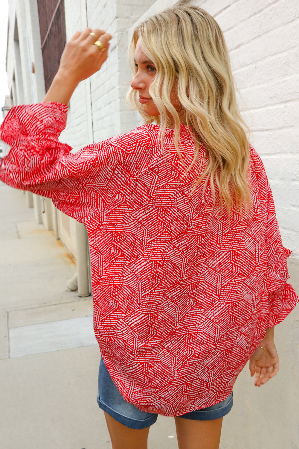 Diva Dreams Red Abstract Print Double Ruffle Sleeve Tie Blouse