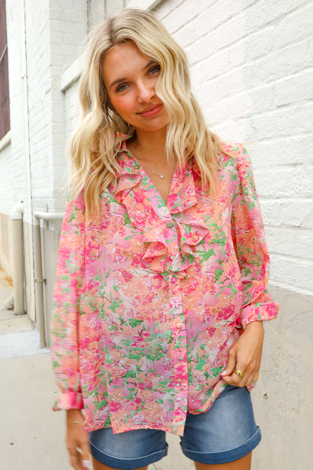 Classy Chic Rose Floral Ruffle Button Down Chiffon Top