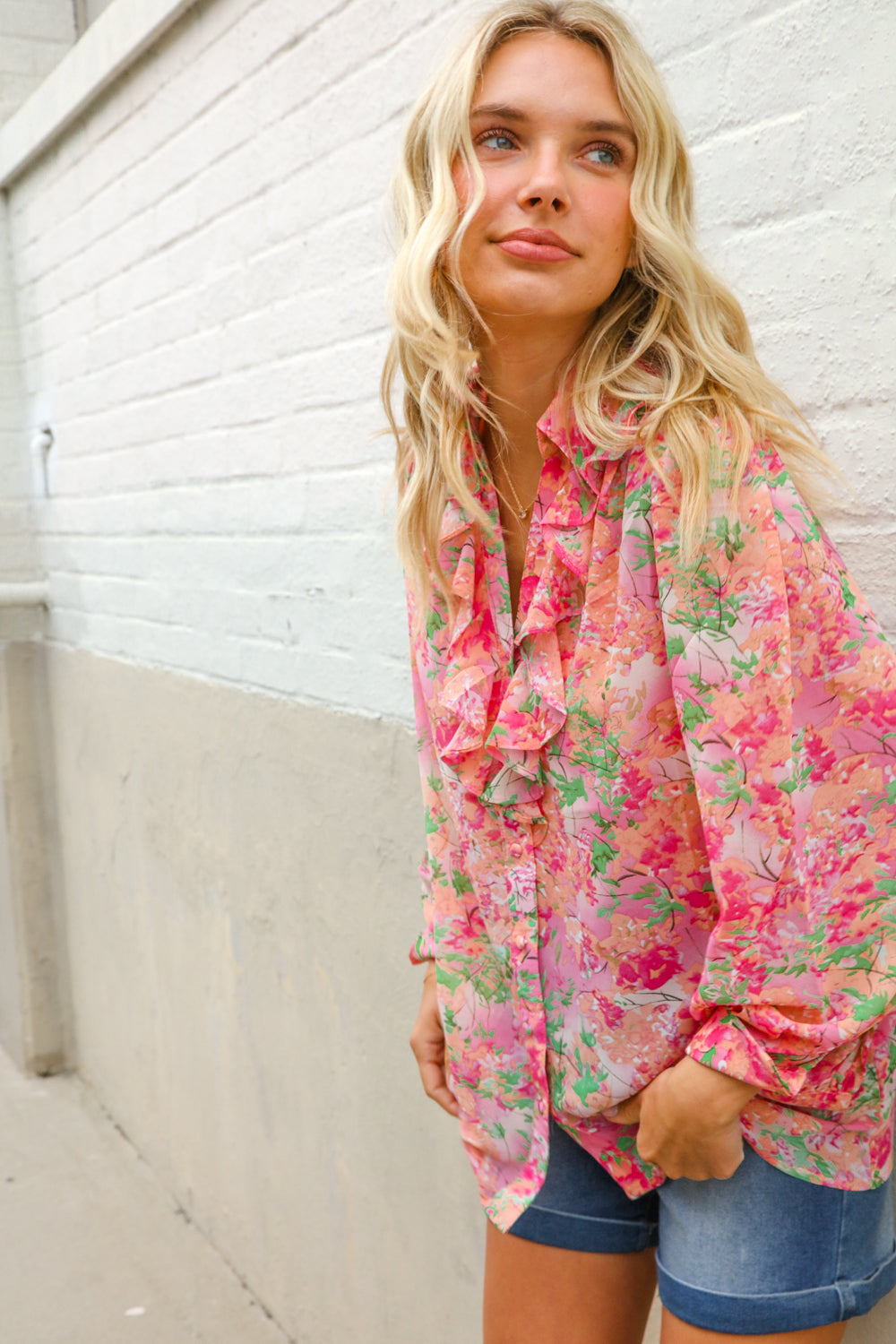 Classy Chic Rose Floral Ruffle Button Down Chiffon Top