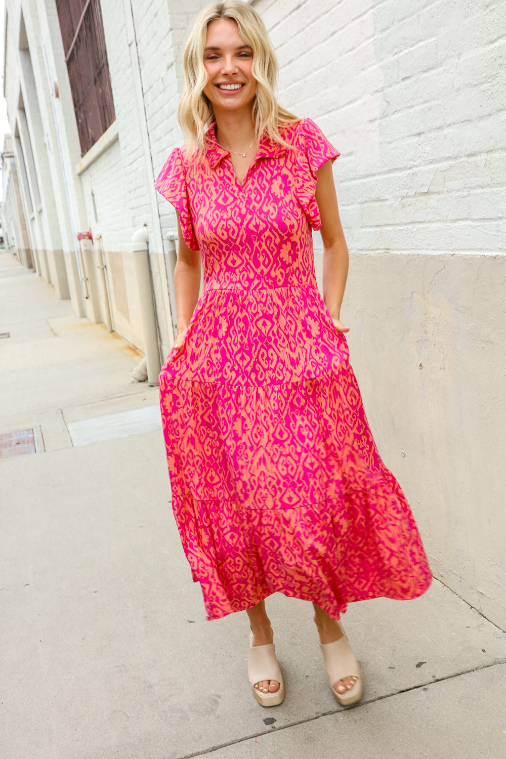 Find Love Fuchsia & Coral Boho Print Flutter Sleeve Dress