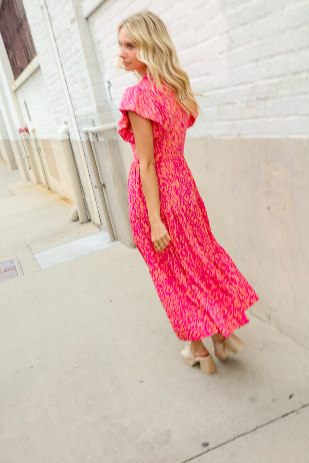 Find Love Fuchsia & Coral Boho Print Flutter Sleeve Dress