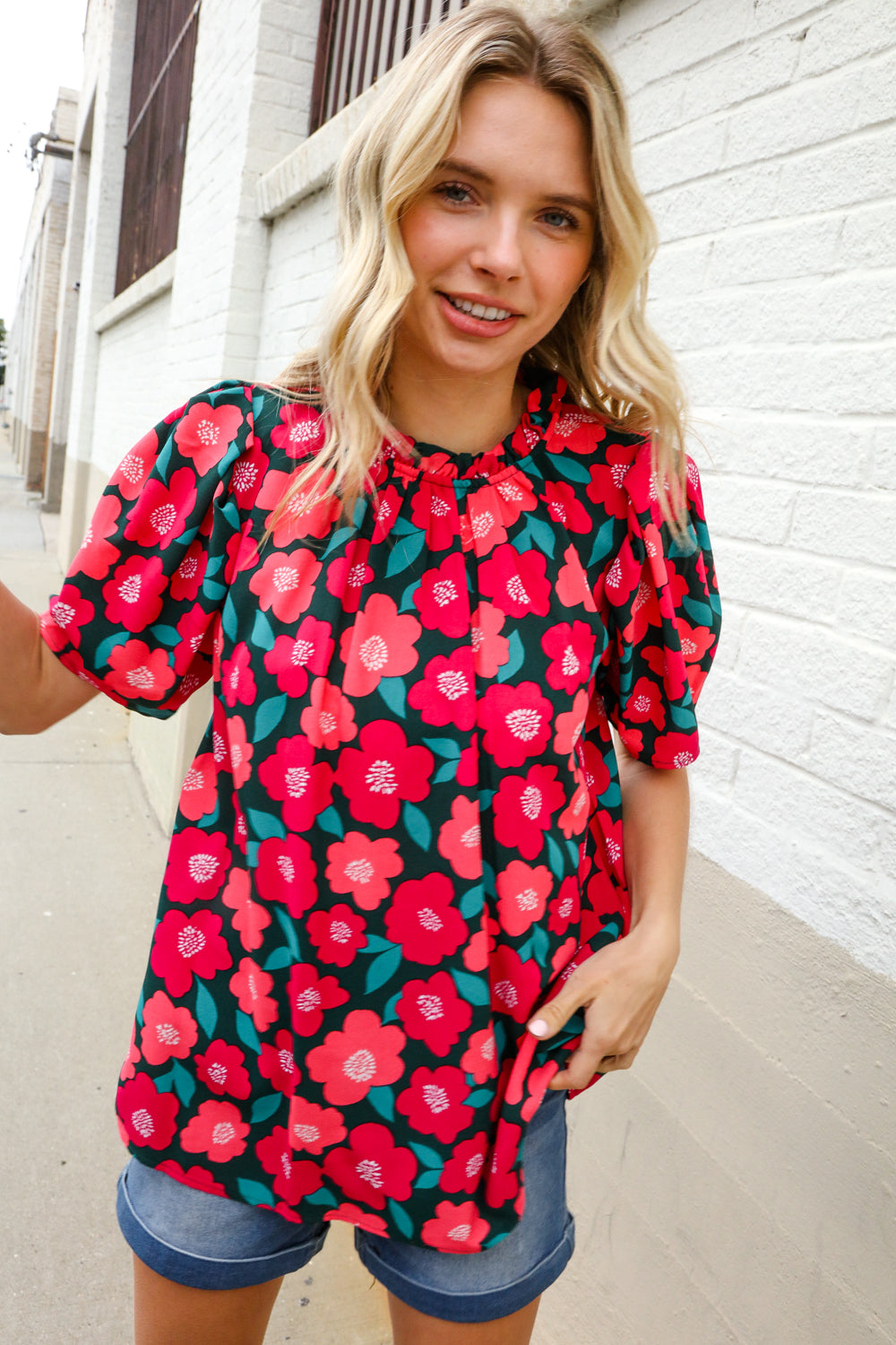 Flower Power Fuchsia Mock Frill Neck Puff Sleeve Blouse
