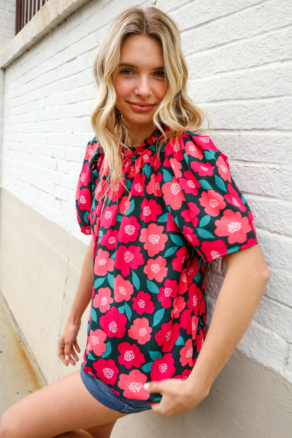 Flower Power Fuchsia Mock Frill Neck Puff Sleeve Blouse