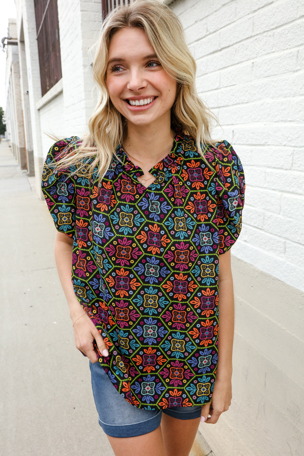 Put Together Maroon Abstract Print Notch Frill Neck Blouse
