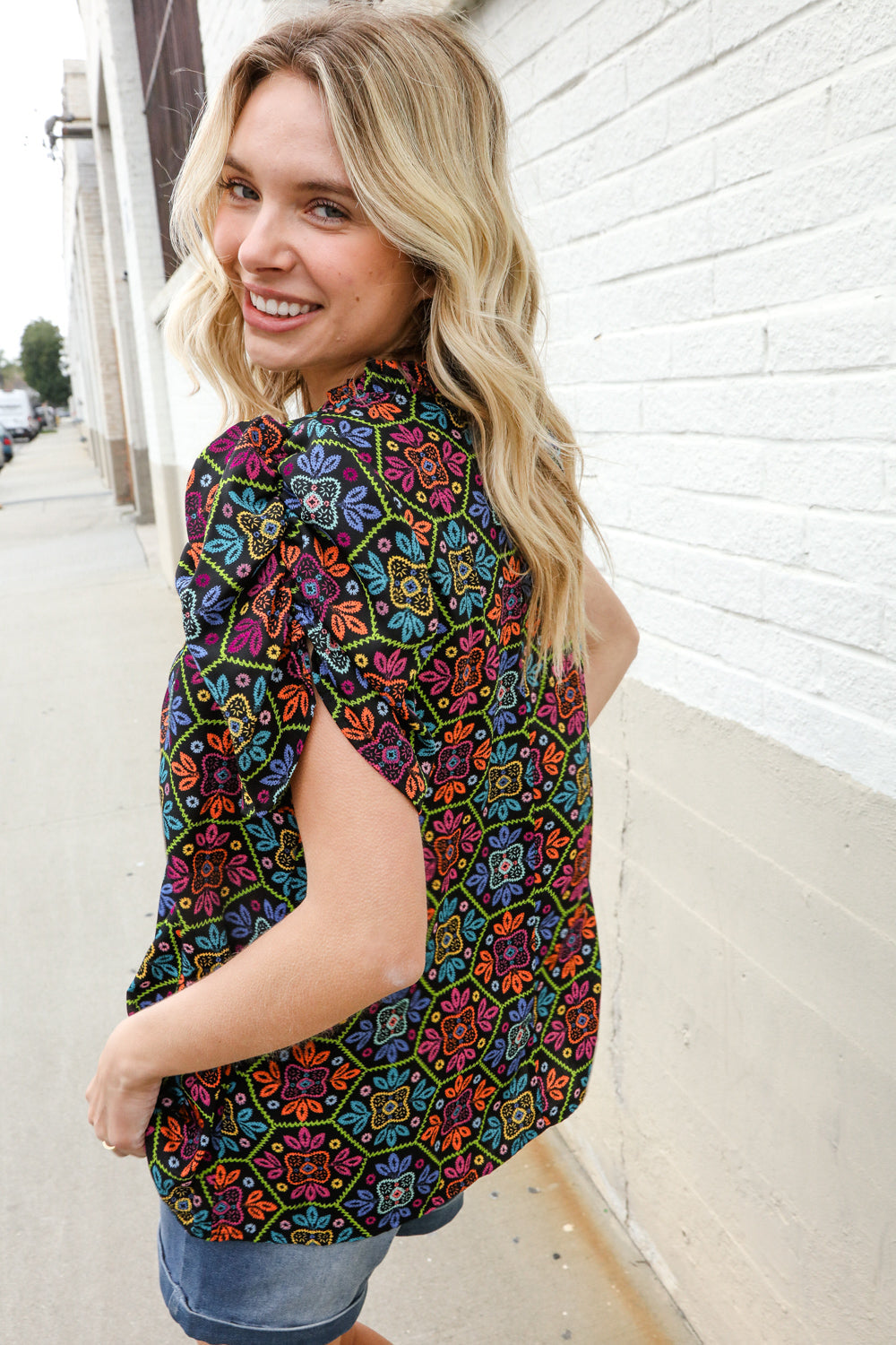 Put Together Maroon Abstract Print Notch Frill Neck Blouse