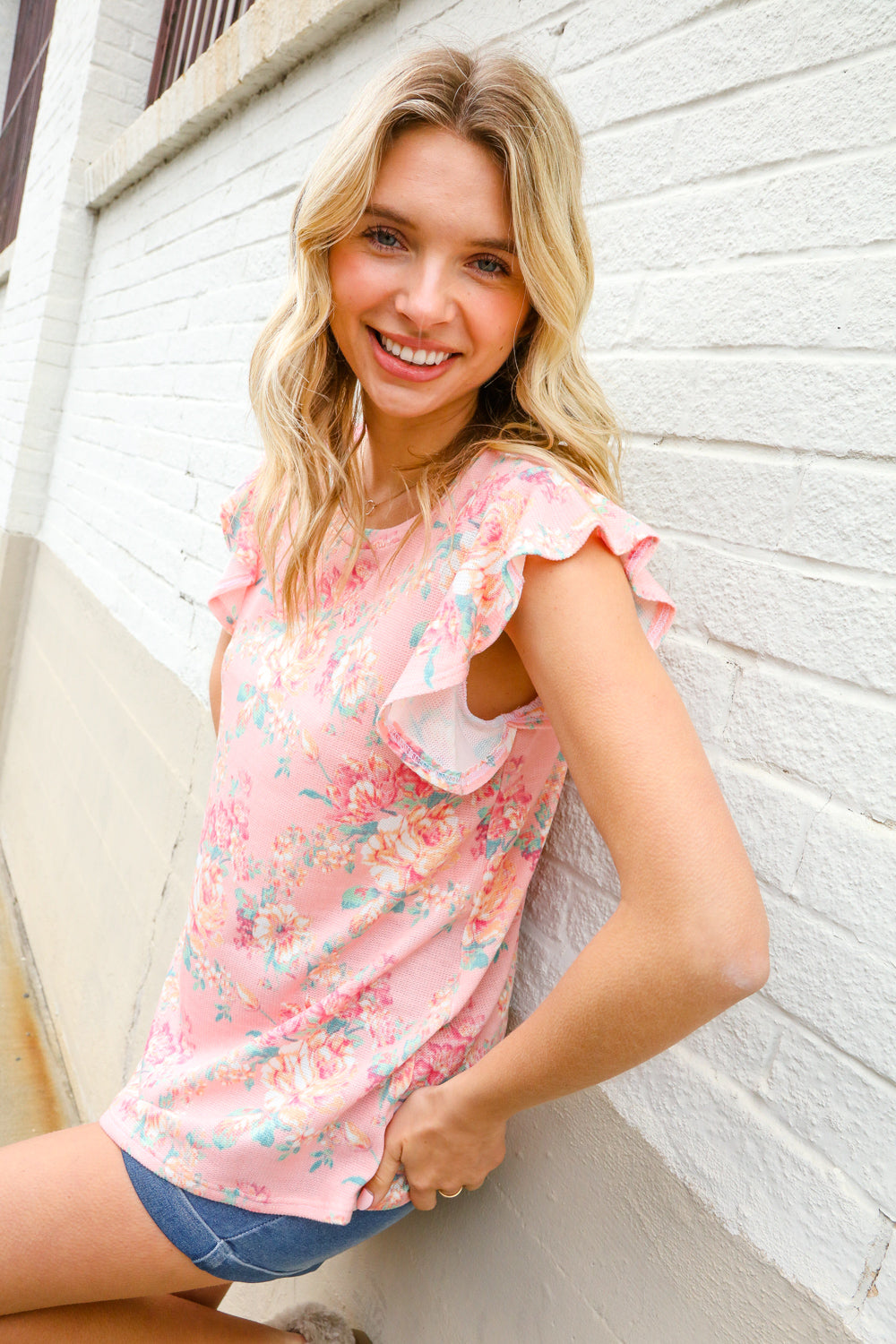Find Love Pink Floral Print Flutter Sleeve Knit Top
