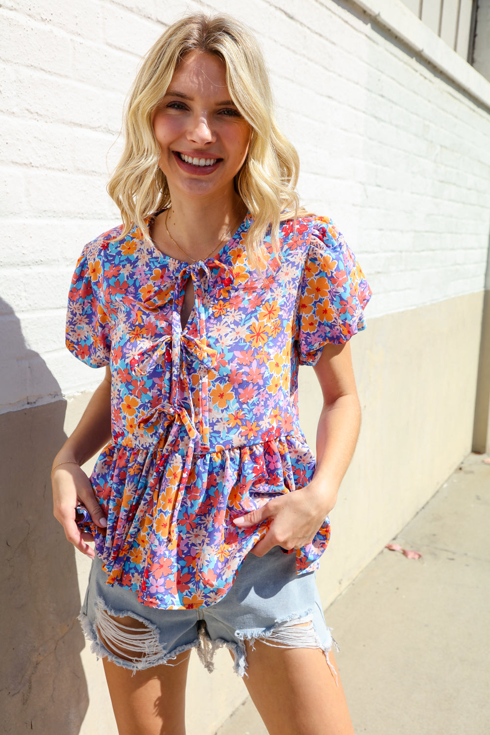 Follow Me Blue/Coral Floral Print Bow Tie Puff Sleeve Babydoll Top
