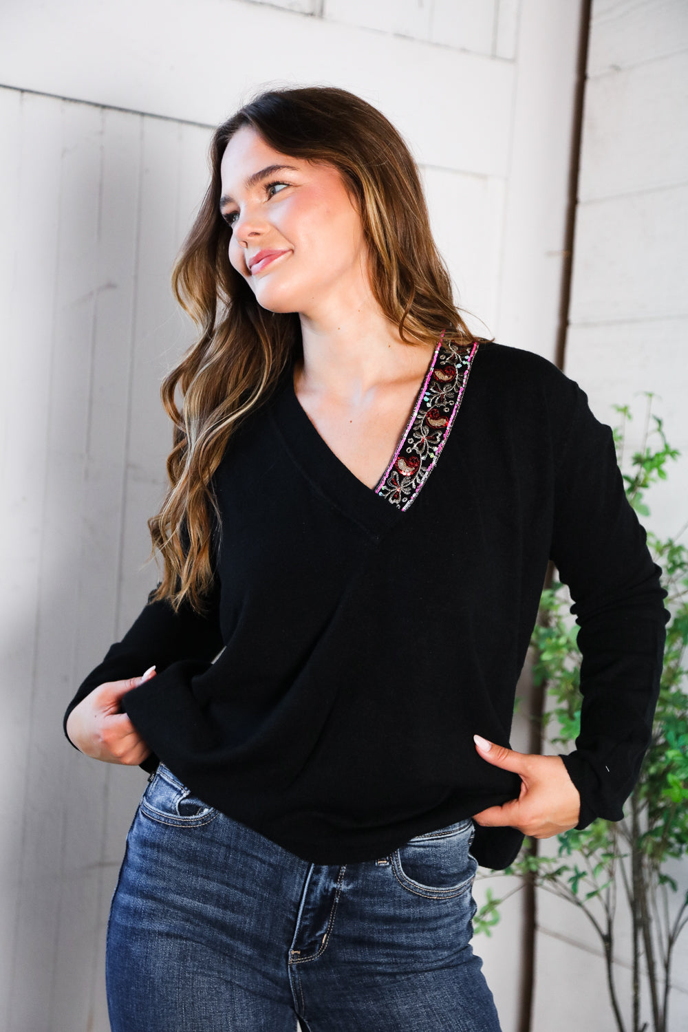 Twilight Charms Beaded V Neck Sweater