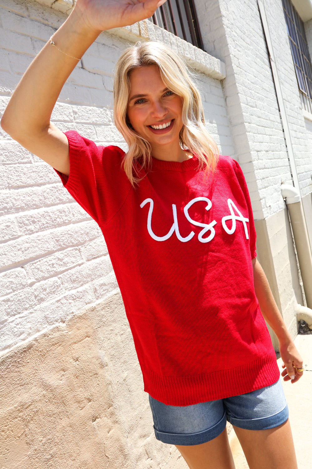Patriotic USA Red Knit Embroidery Puff Sleeve Sweater Top