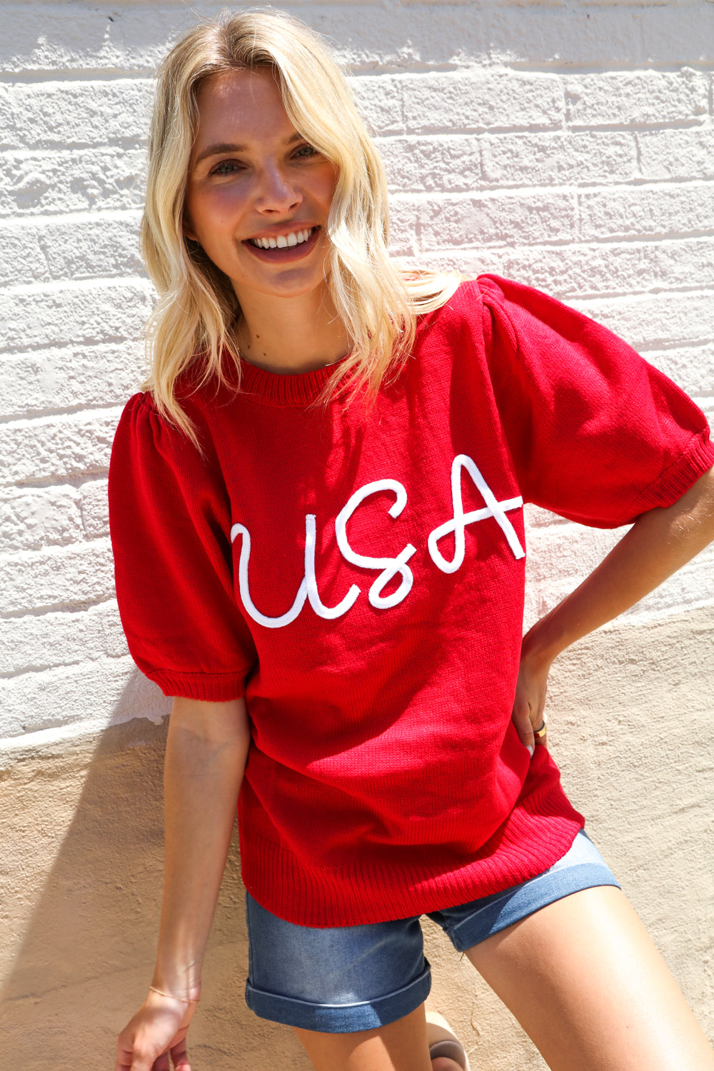 Patriotic USA Red Knit Embroidery Puff Sleeve Sweater Top