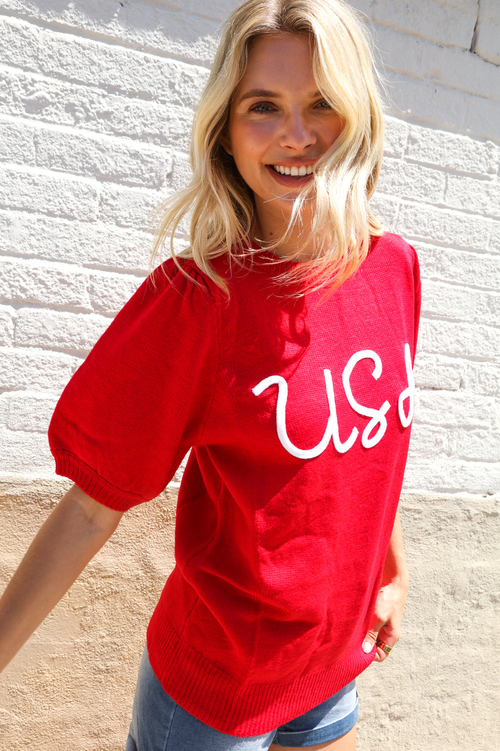 Patriotic USA Red Knit Embroidery Puff Sleeve Sweater Top