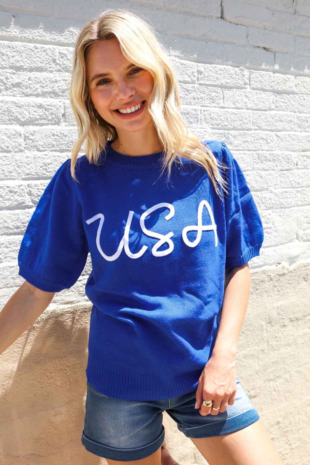 Patriotic USA Blue Knit Embroidery Puff Sleeve Sweater Top