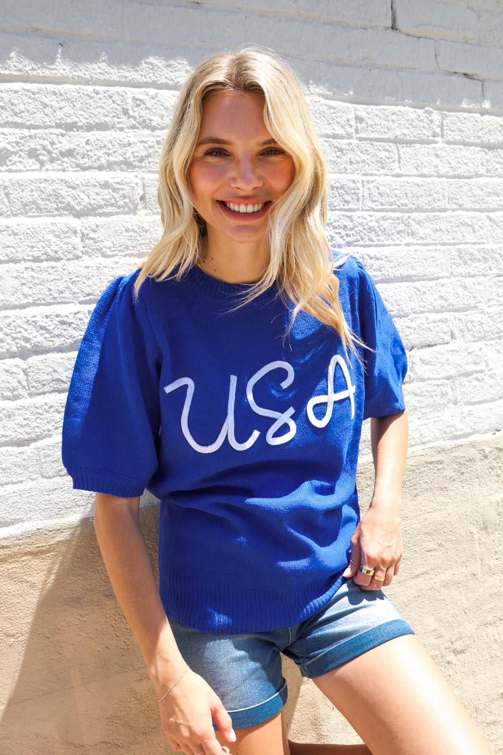 Patriotic USA Blue Knit Embroidery Puff Sleeve Sweater Top
