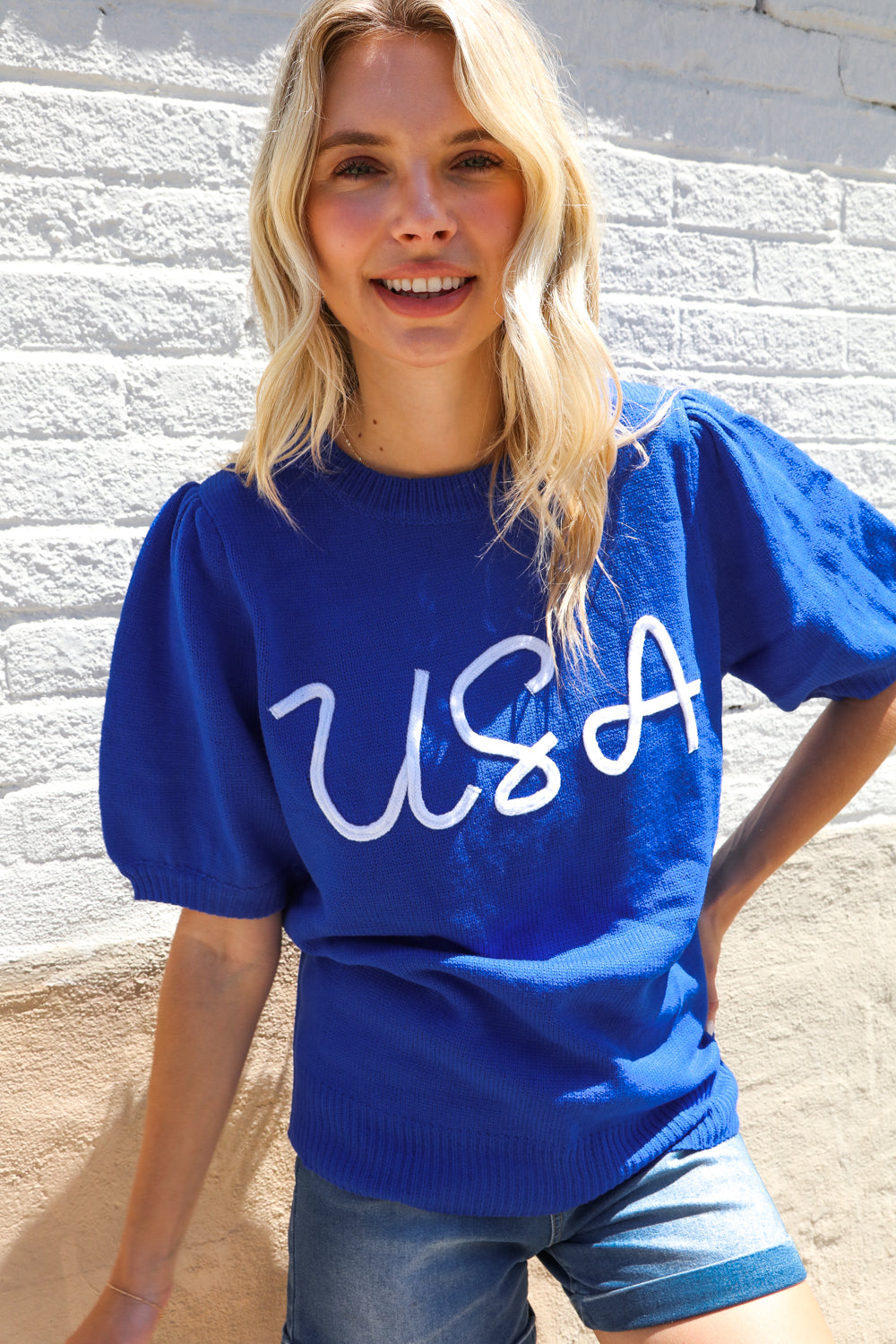 Patriotic USA Blue Knit Embroidery Puff Sleeve Sweater Top