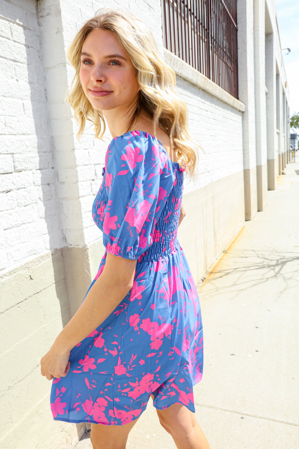 Dazzle in Bright Blue Floral Smocked Yoke Short Sleeve Dress
