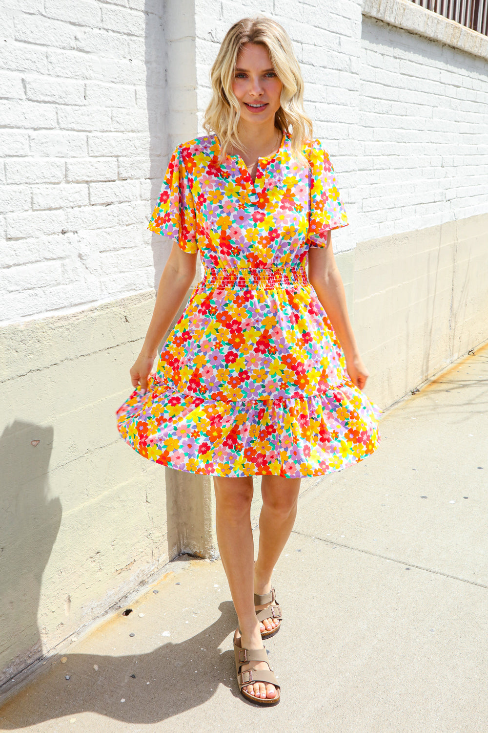 Spring Vibes Coral Notch Neck Smocked Waist Ruffle Hem Dress