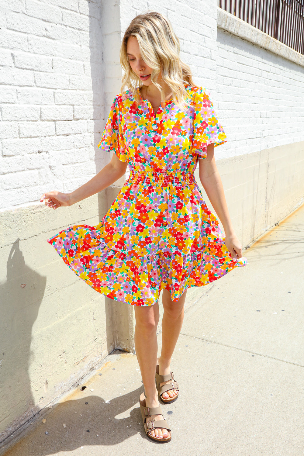 Spring Vibes Coral Notch Neck Smocked Waist Ruffle Hem Dress