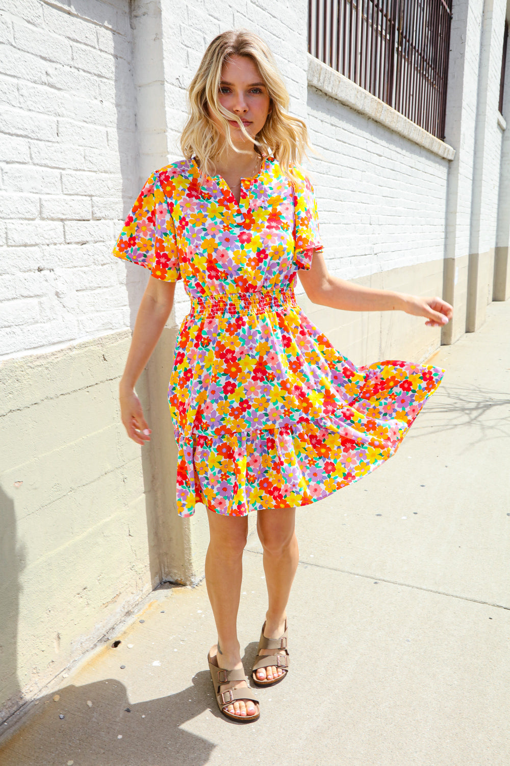 Spring Vibes Coral Notch Neck Smocked Waist Ruffle Hem Dress
