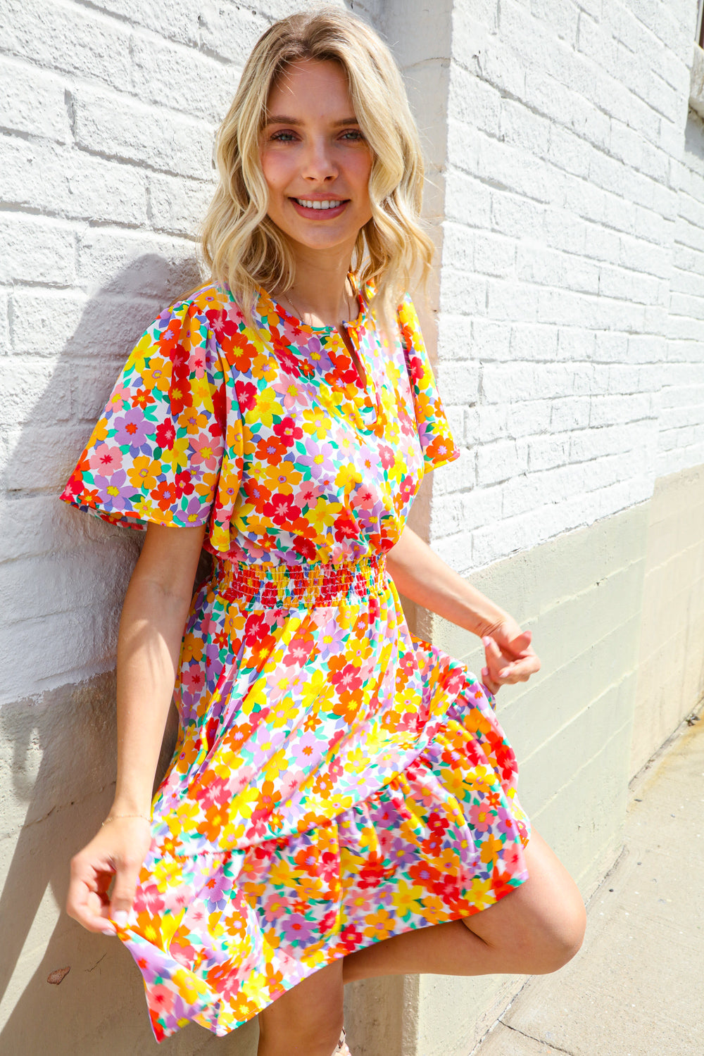 Spring Vibes Coral Notch Neck Smocked Waist Ruffle Hem Dress