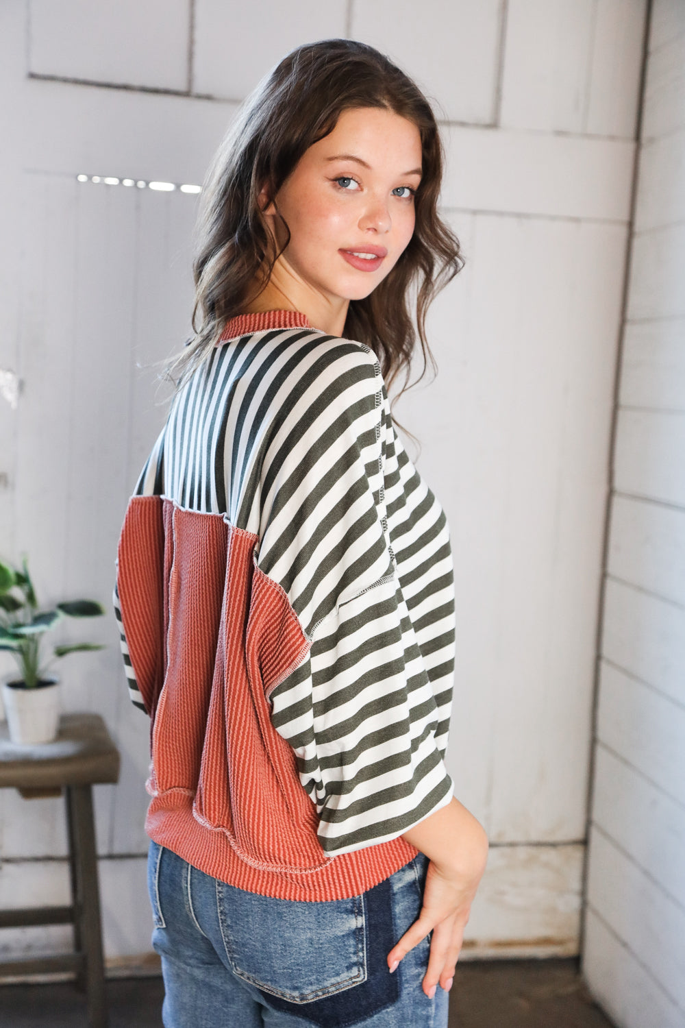 A Stripe Story Rust Crew Neck Pullover