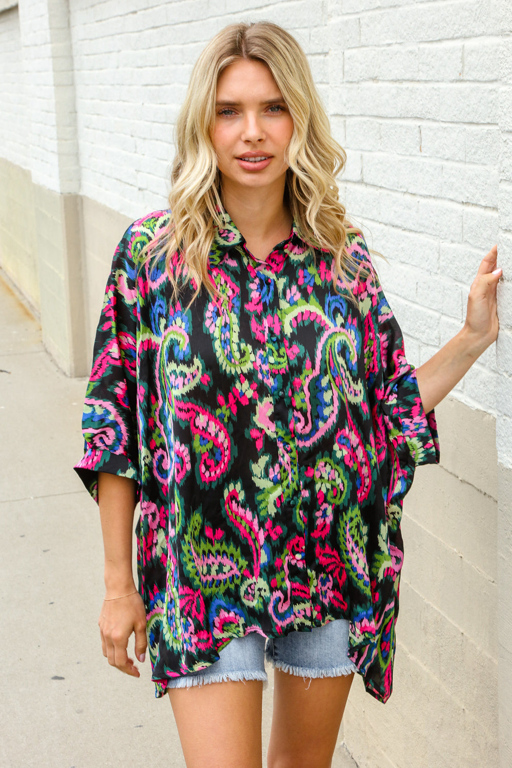 Find Love Back Paisley Print Button-Down Dolman Sleeve Blouse