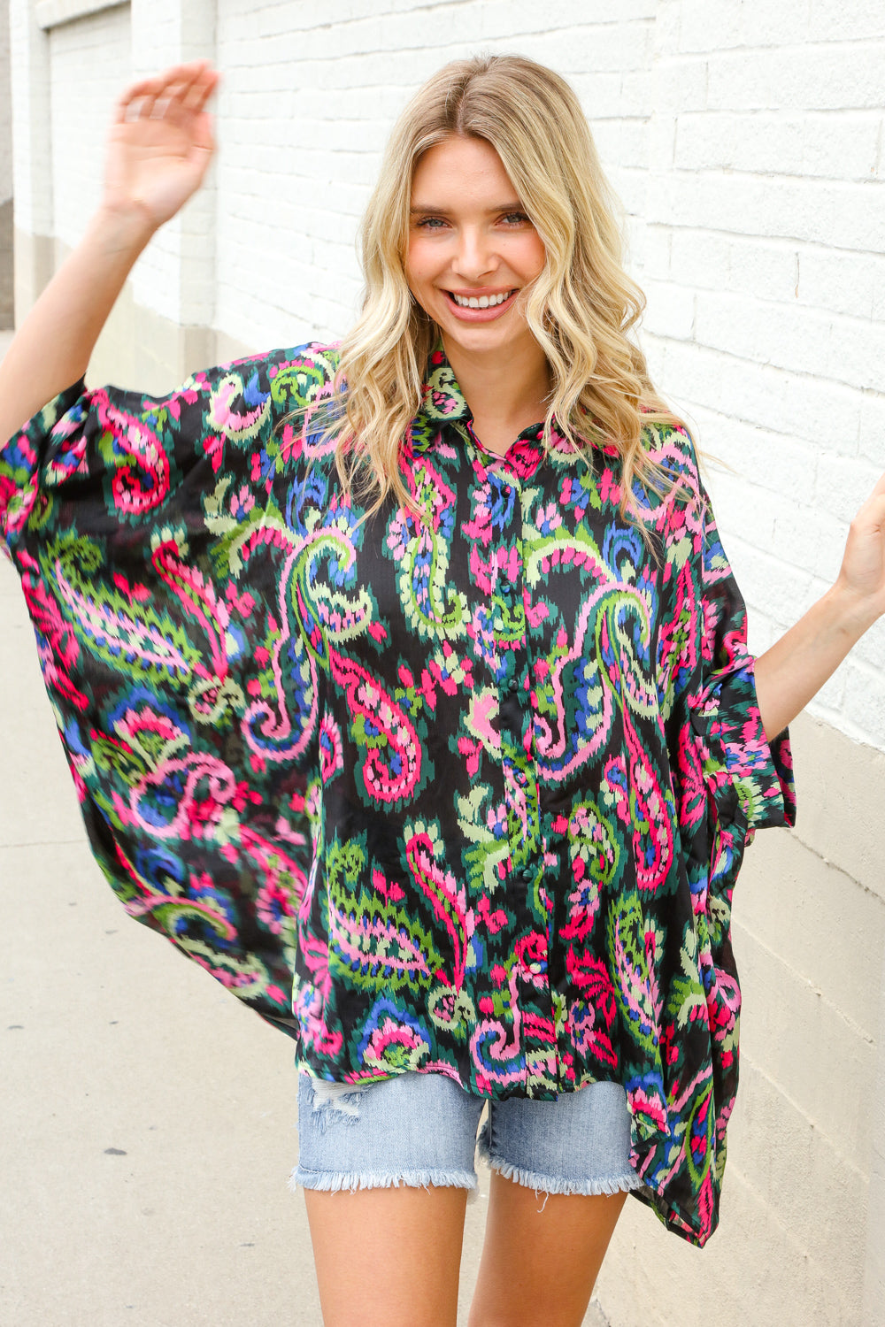 Find Love Back Paisley Print Button-Down Dolman Sleeve Blouse