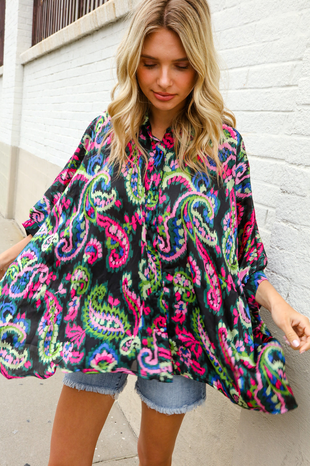 Find Love Back Paisley Print Button-Down Dolman Sleeve Blouse