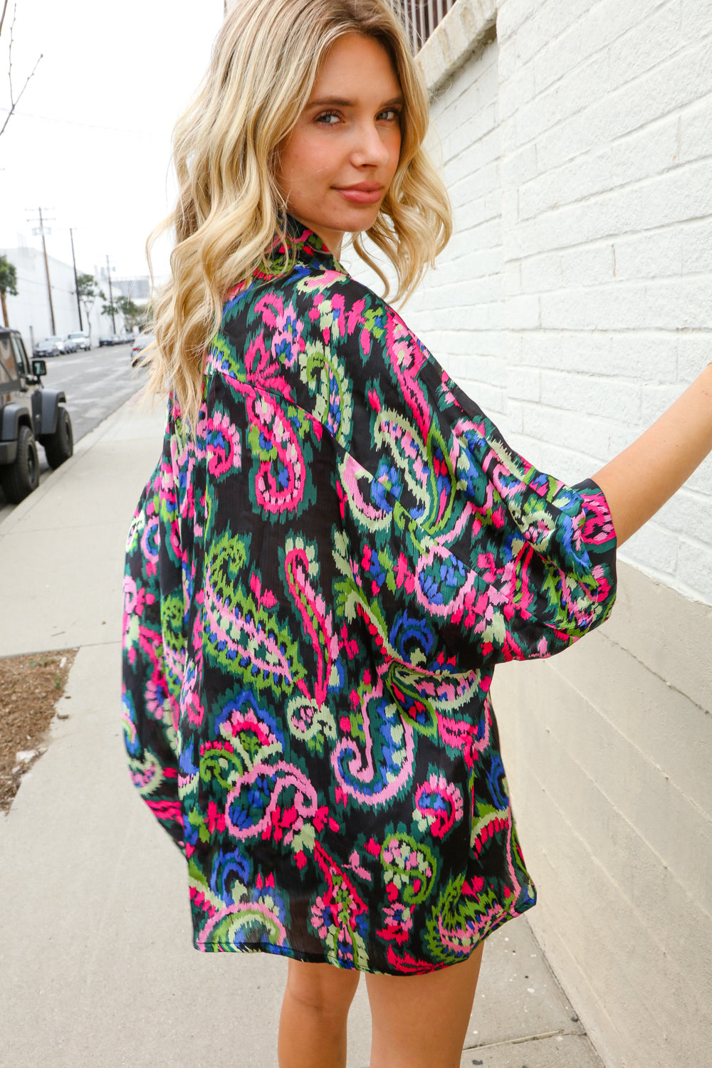 Find Love Back Paisley Print Button-Down Dolman Sleeve Blouse