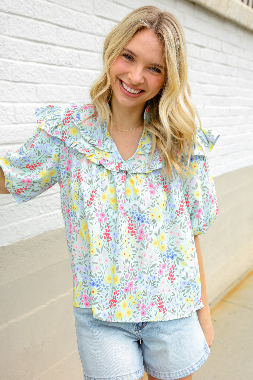 Spring Vibes Mint Notch Neck Ruffle & Puff Sleeve Top