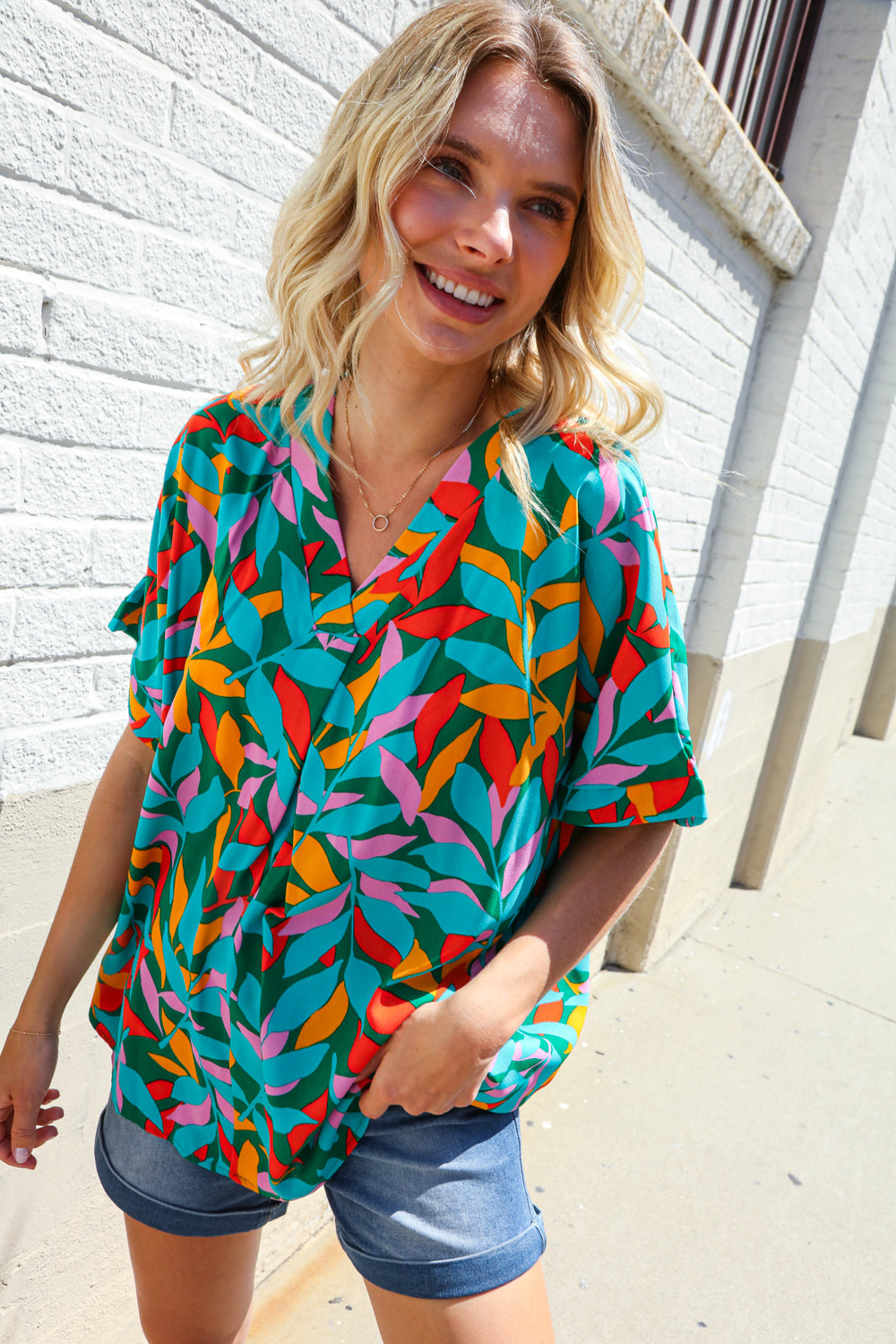 Vacay Ready Green Tropical Floral Banded V Neck Dolman Top