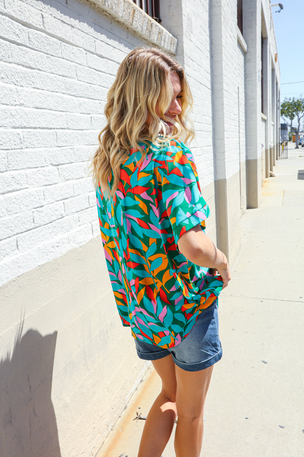 Vacay Ready Green Tropical Floral Banded V Neck Dolman Top