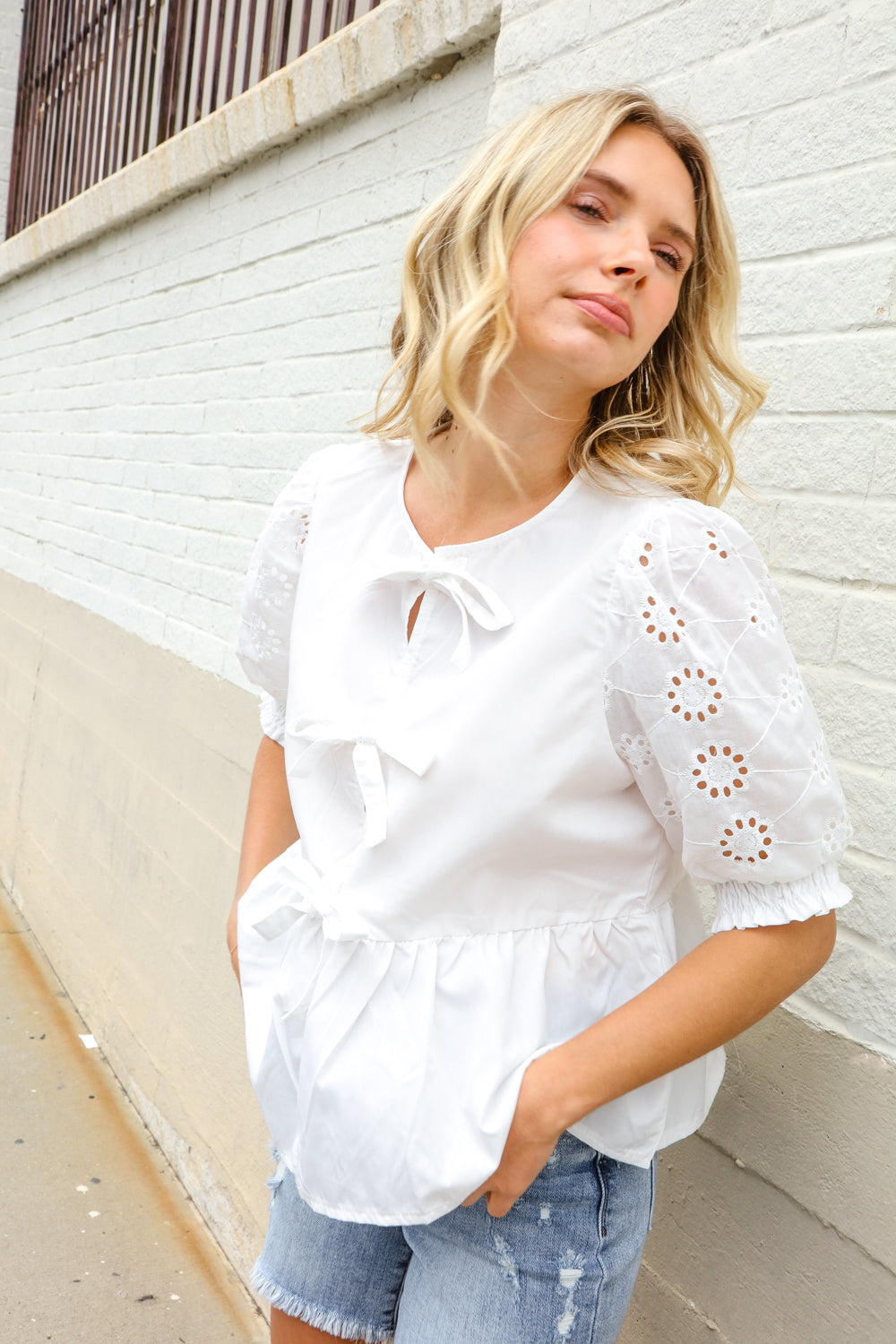Charming In White Cotton Babydoll Bow Tie Eyelet Top
